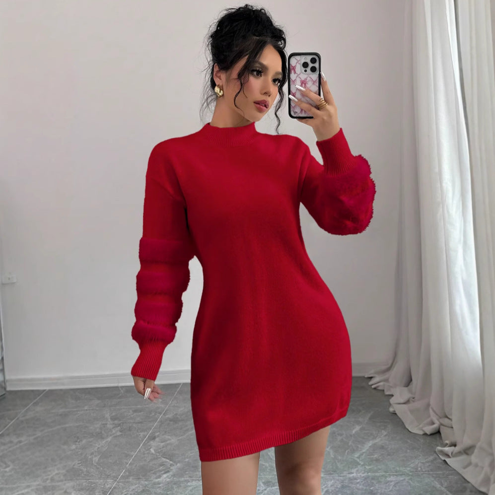 Solid Color Knitted Long-sleeved Dress
