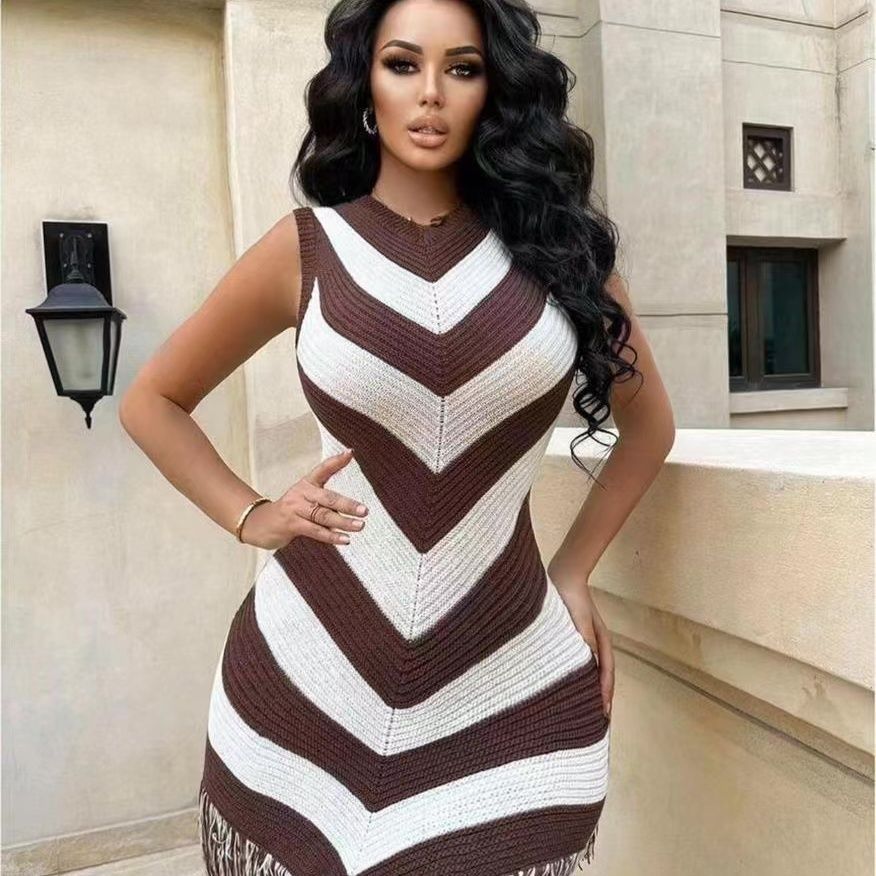 Womens Summer Vacation And Resort Outfit Color-blocked Dress