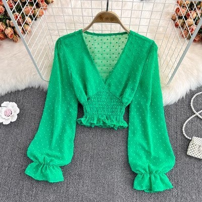 V-neck Cross Slim Fit Polka Dot Chiffon Shirt Western Style Waist-slimming Short