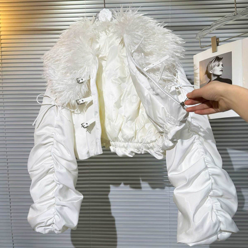 Big Fur Collar Net Red Hot Girl Wear Bright Silk Buckle Fashionable Chic Pleating Down Jacket Coat