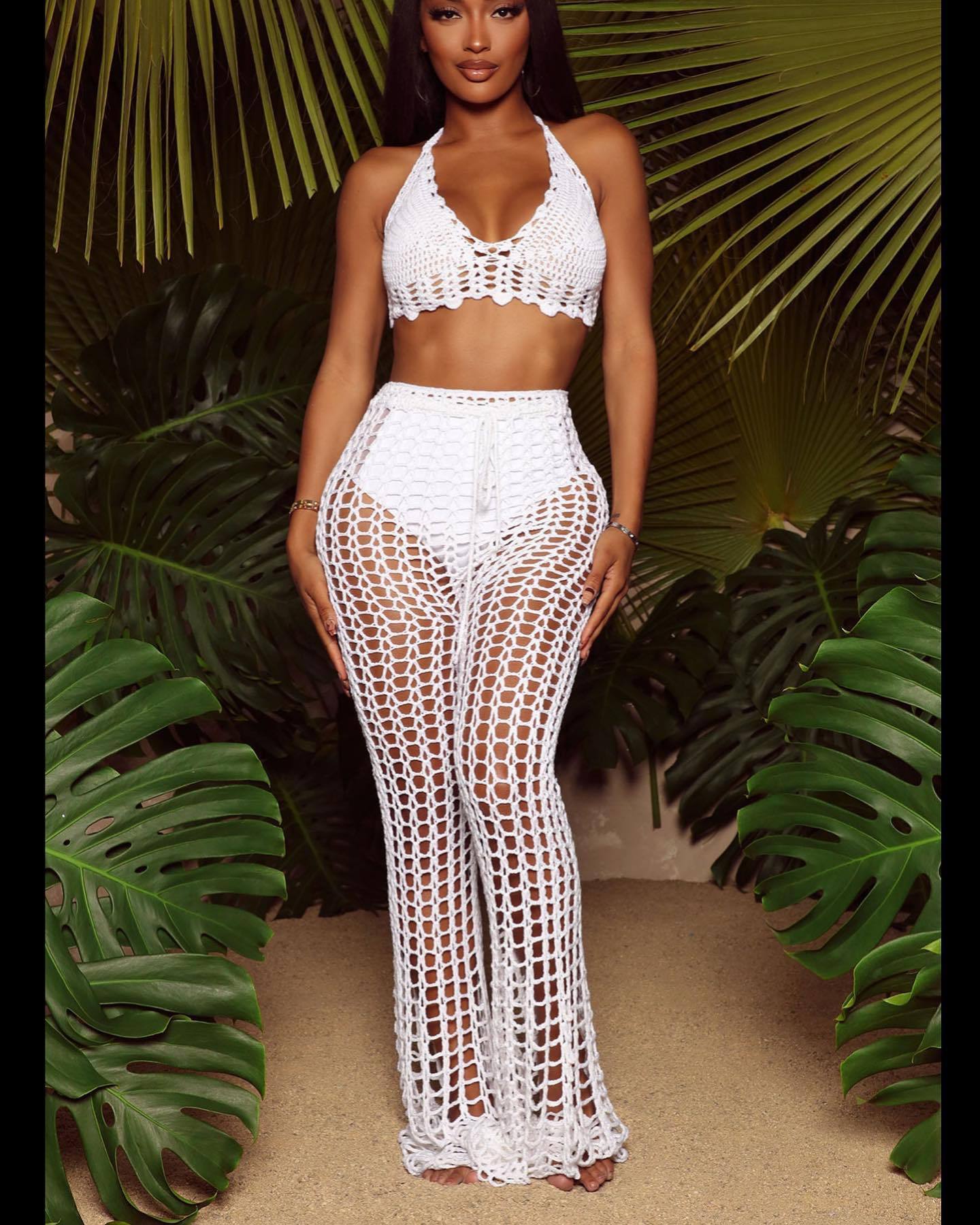 Summer Beach 2 Piece For Women Elegant Hollow Out Suit