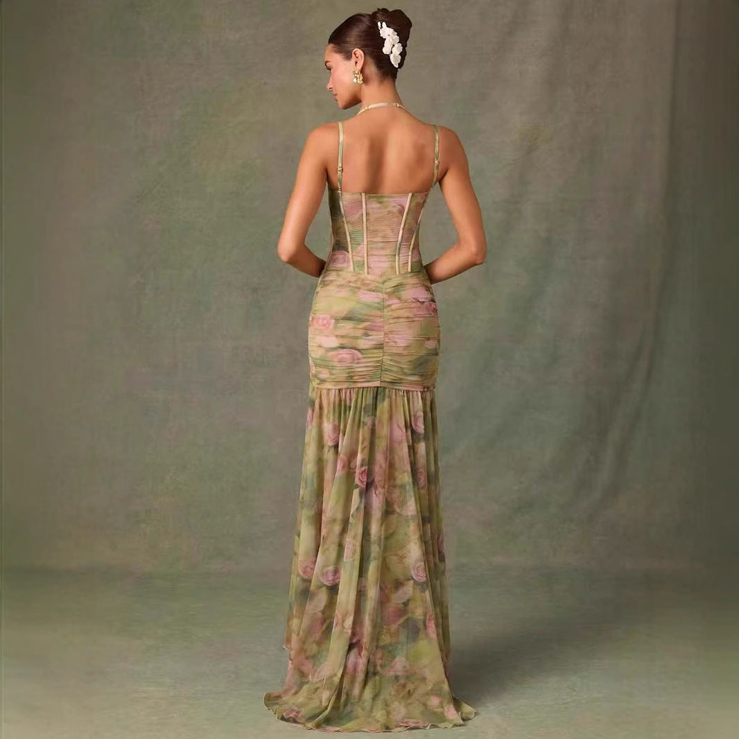 Sling Pleated Print Fishbone Waist Split Sheath Fishtail Fairy Dress