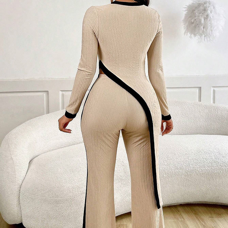 Women's 2 Piece Outfit Sexy Asymmetrical Hem Long Sleeve Top And Wide Leg Pants Sets Elegant Vacation Going Out Suit