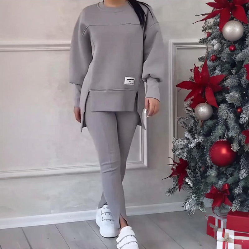 Women's Solid Color 2-Piece Set, Loose Fit Top With Slit Hem & Slim Fit Pants For Spring And Fall