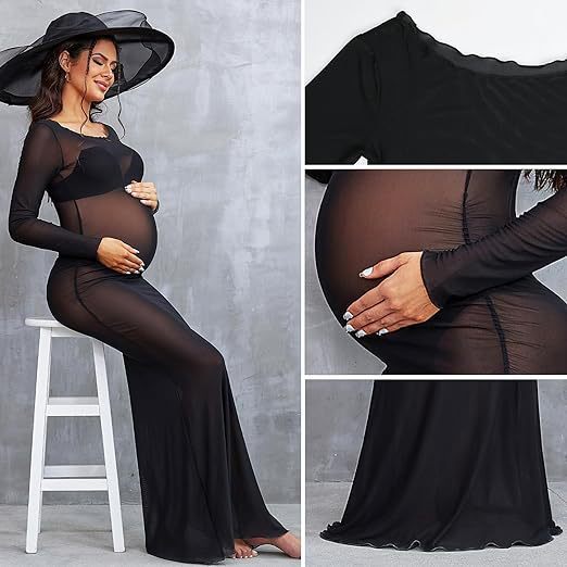 Women's Clothing See-through High Elastic Net Round Neck Slim Fit Pregnant Women Mopping Dress