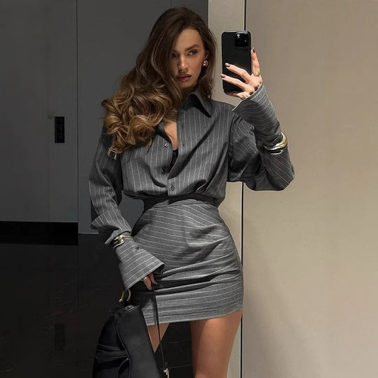 Spring And Summer Elegant Slim Striped Long-sleeved Shirt Skirt Outfit