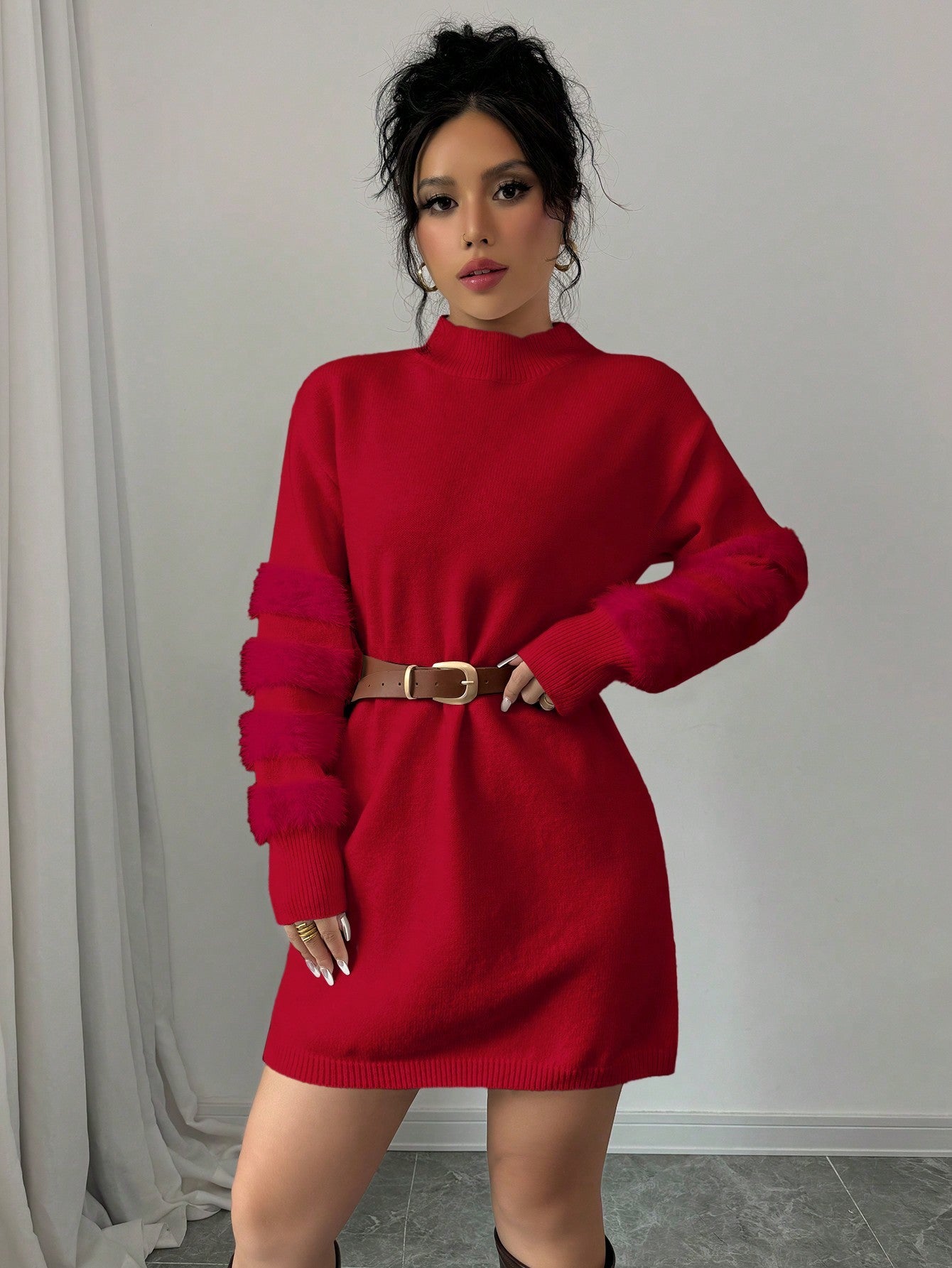 Solid Color Knitted Long-sleeved Dress