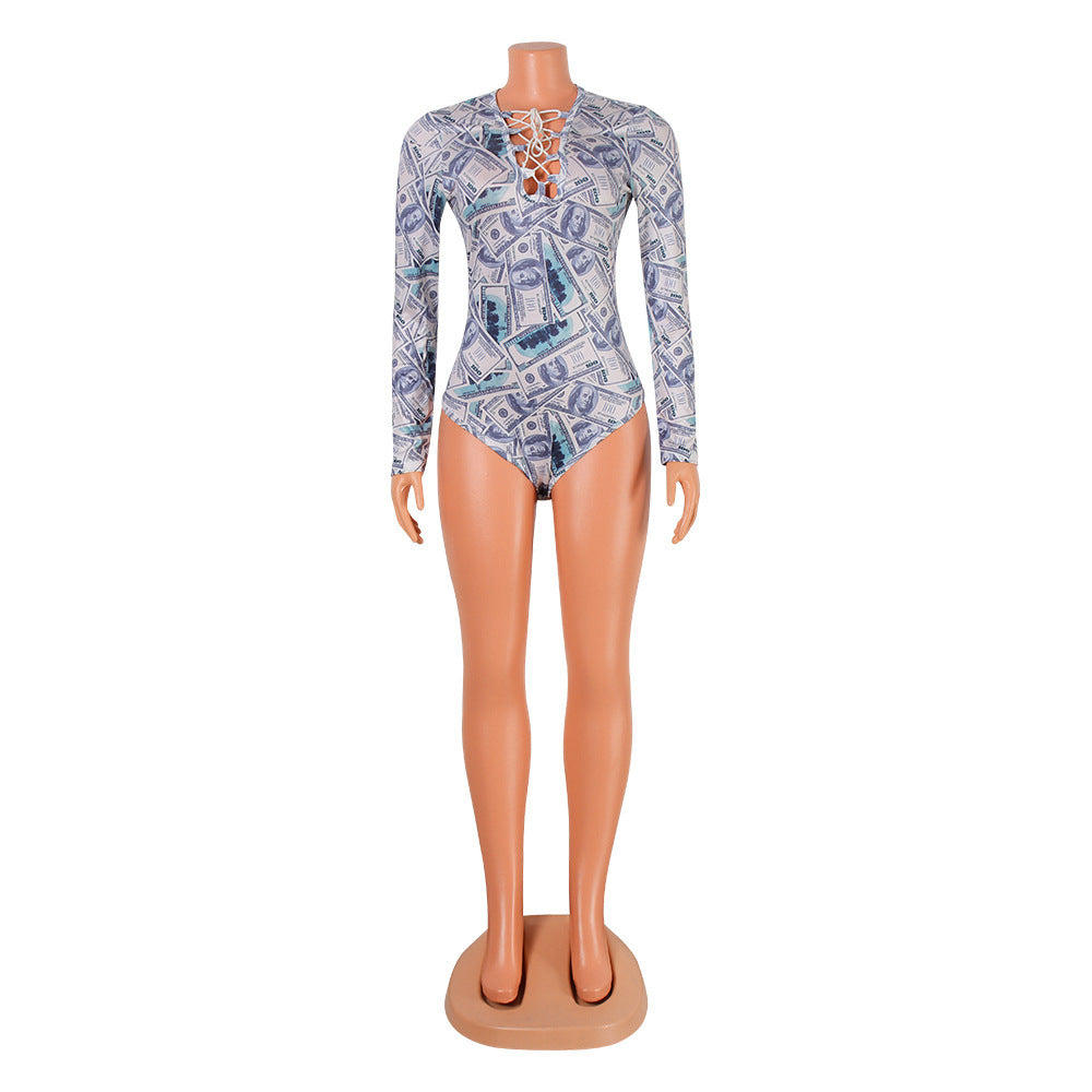 Tight-fitting Long-sleeve Printed Bottoming Bodysuit