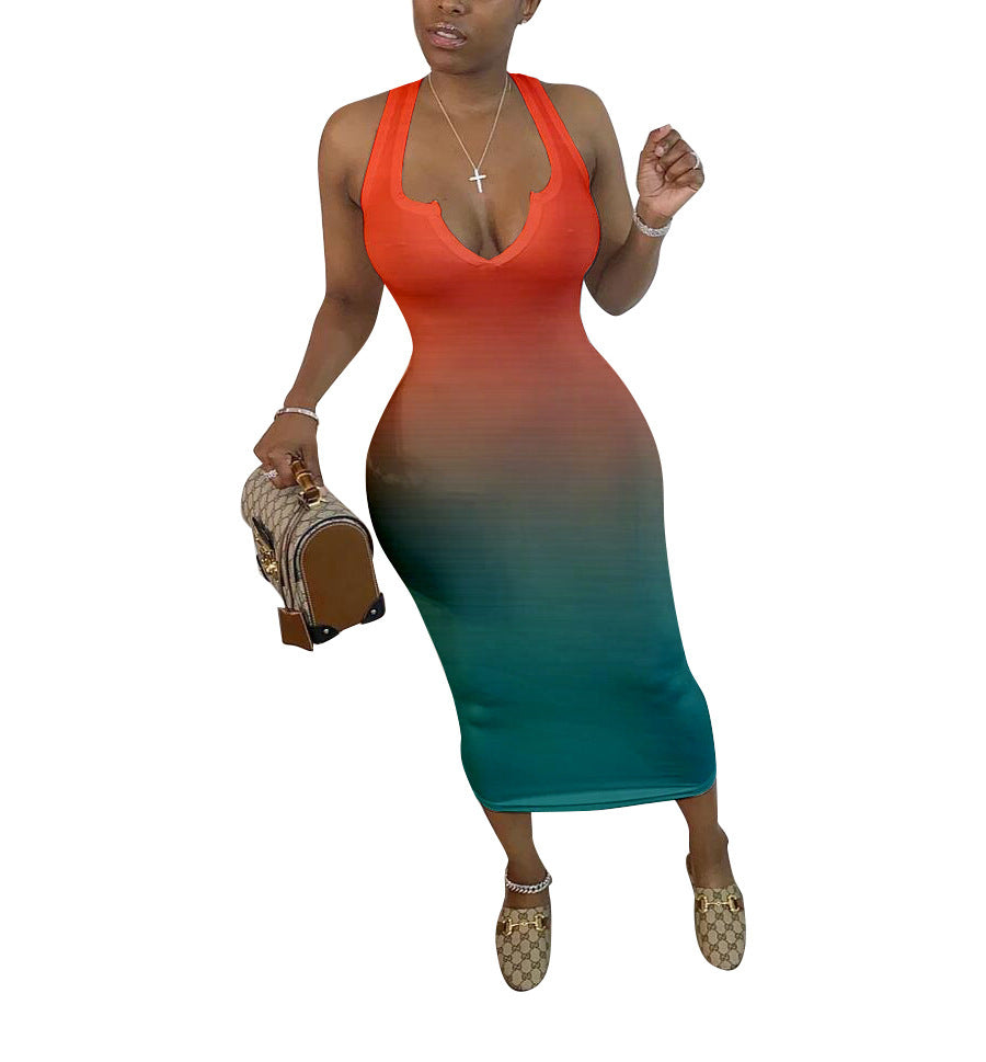 Women's Clothing Skinny V-neck Gradient Color Dress