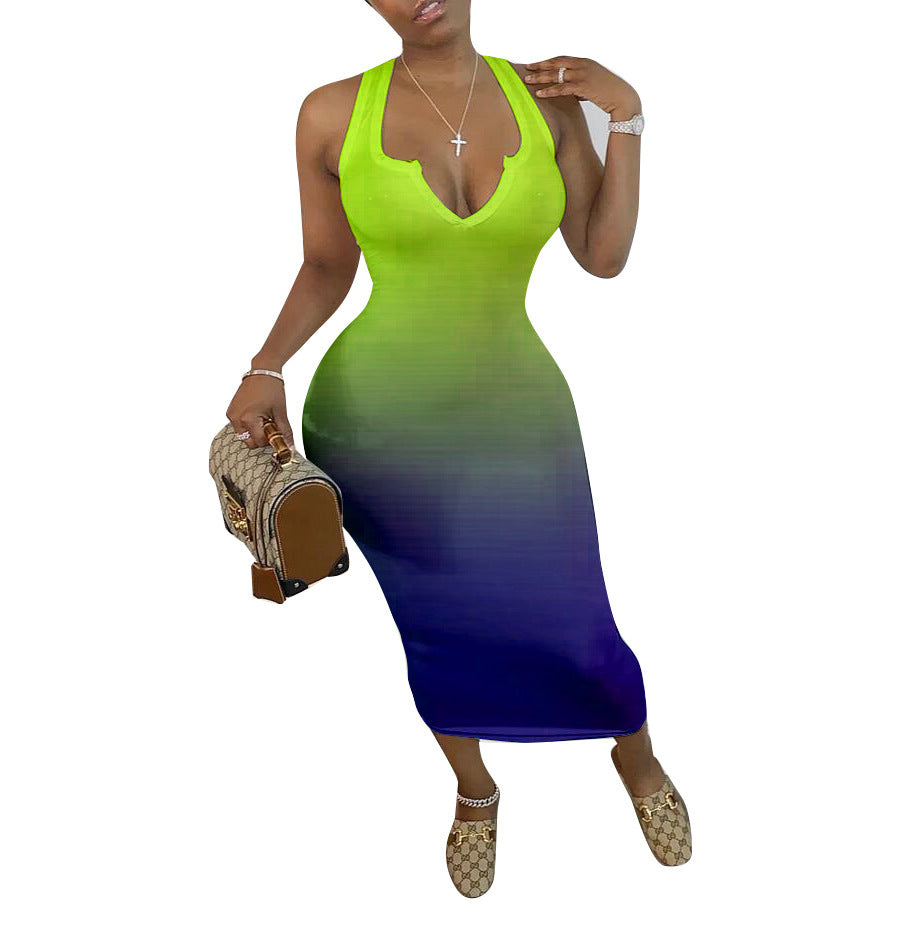 Women's Clothing Skinny V-neck Gradient Color Dress