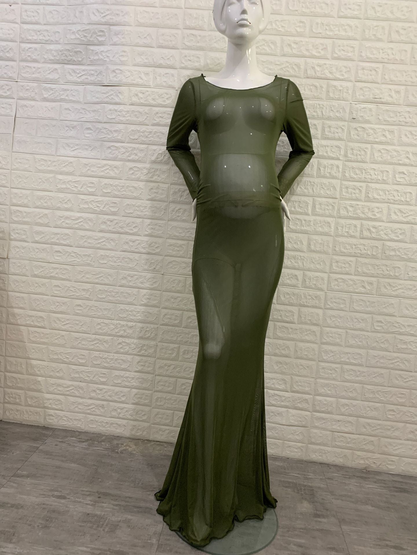 Women's Clothing See-through High Elastic Net Round Neck Slim Fit Pregnant Women Mopping Dress