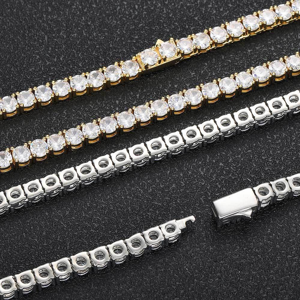 European Hip Hop Diamond Spring Fastener Tennis Chain Zircon Men's Necklace Bracelet Jewelry
