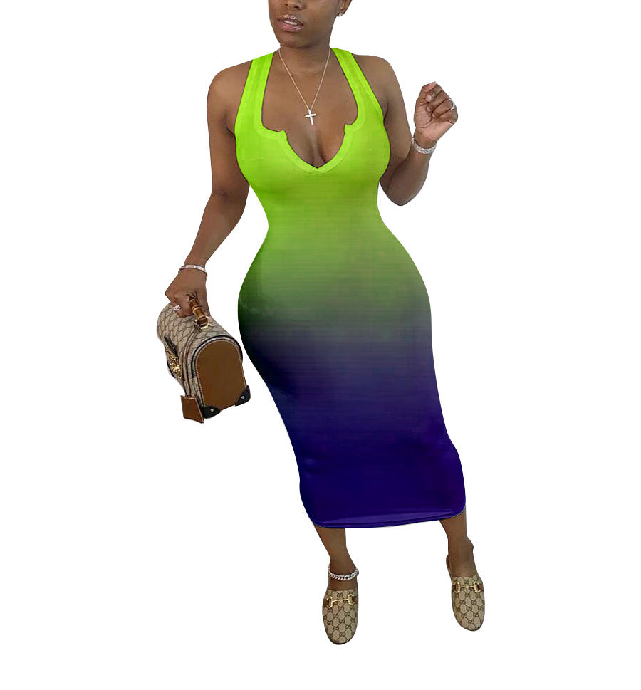 Women's Clothing Skinny V-neck Gradient Color Dress