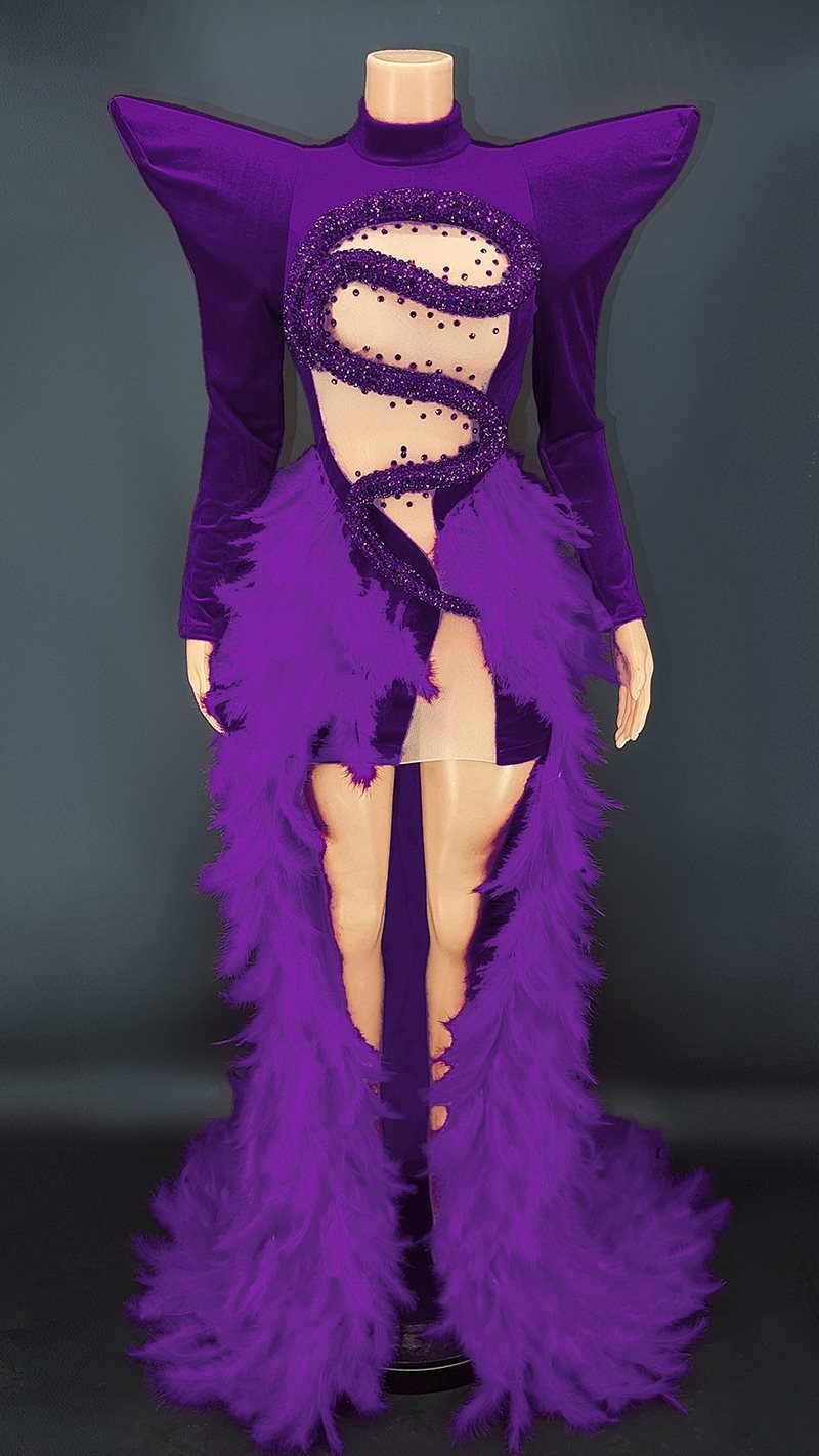 Rhinestone Feather Dress Party Stage