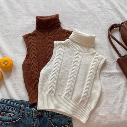 Europe And America Cross Border Spring And Autumn New Fashion Double-sided Cable-knit Turtleneck Sleeveless All-matching Knitted Sweater Vest Top Outer Wear