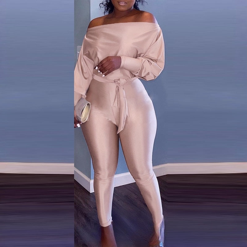 Women's Clothing Champagne Off-shoulder Long Sleeve Cinched Bodycon Jumpsuit