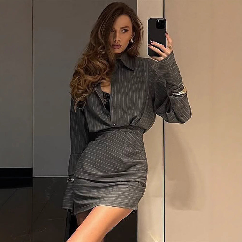 Spring And Summer Elegant Slim Striped Long-sleeved Shirt Skirt Outfit