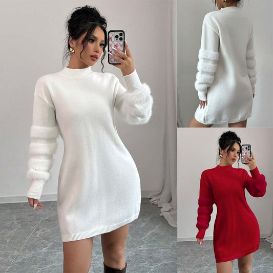 Solid Color Knitted Long-sleeved Dress