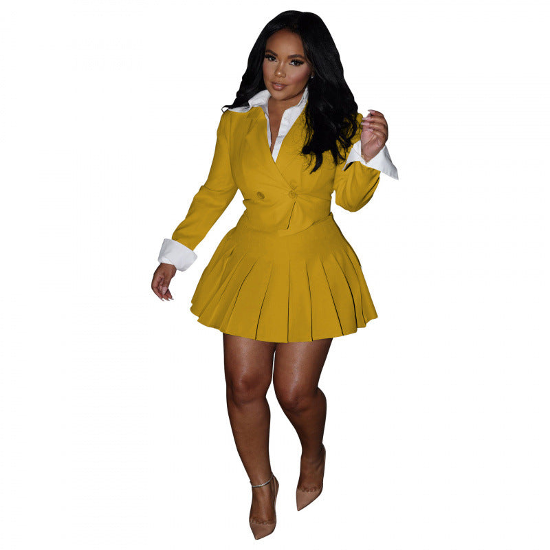 Stitching Pleated Office Women's Suits Short Skirt Two-piece Set