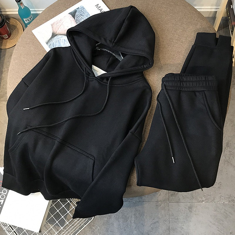 Thickened Fleece-Lined Solid-Color Sporty Casual Hoodie Set