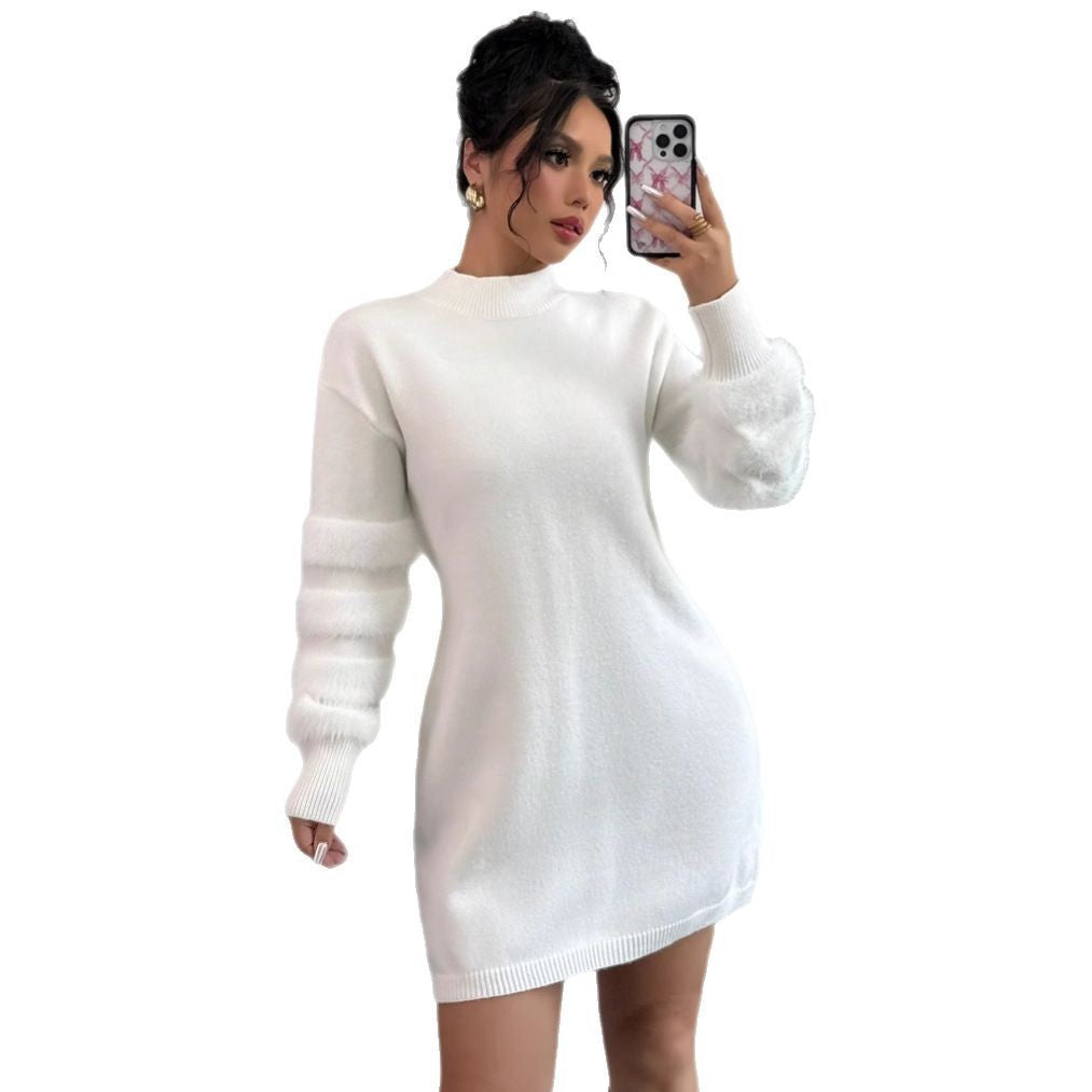 Solid Color Knitted Long-sleeved Dress